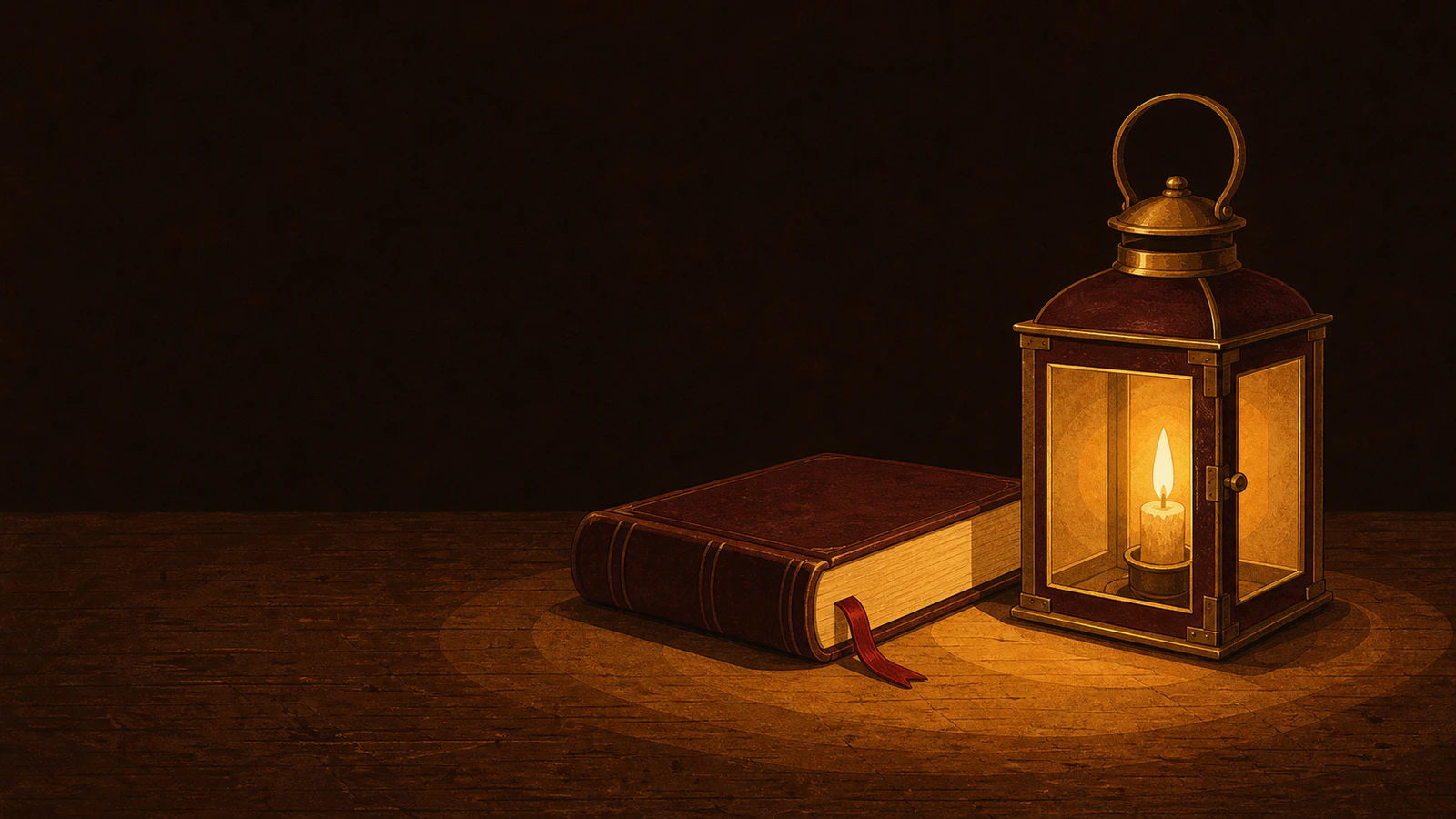 A closed Bible with a red ribbon beside a lit carriage lantern on a wooden table at night