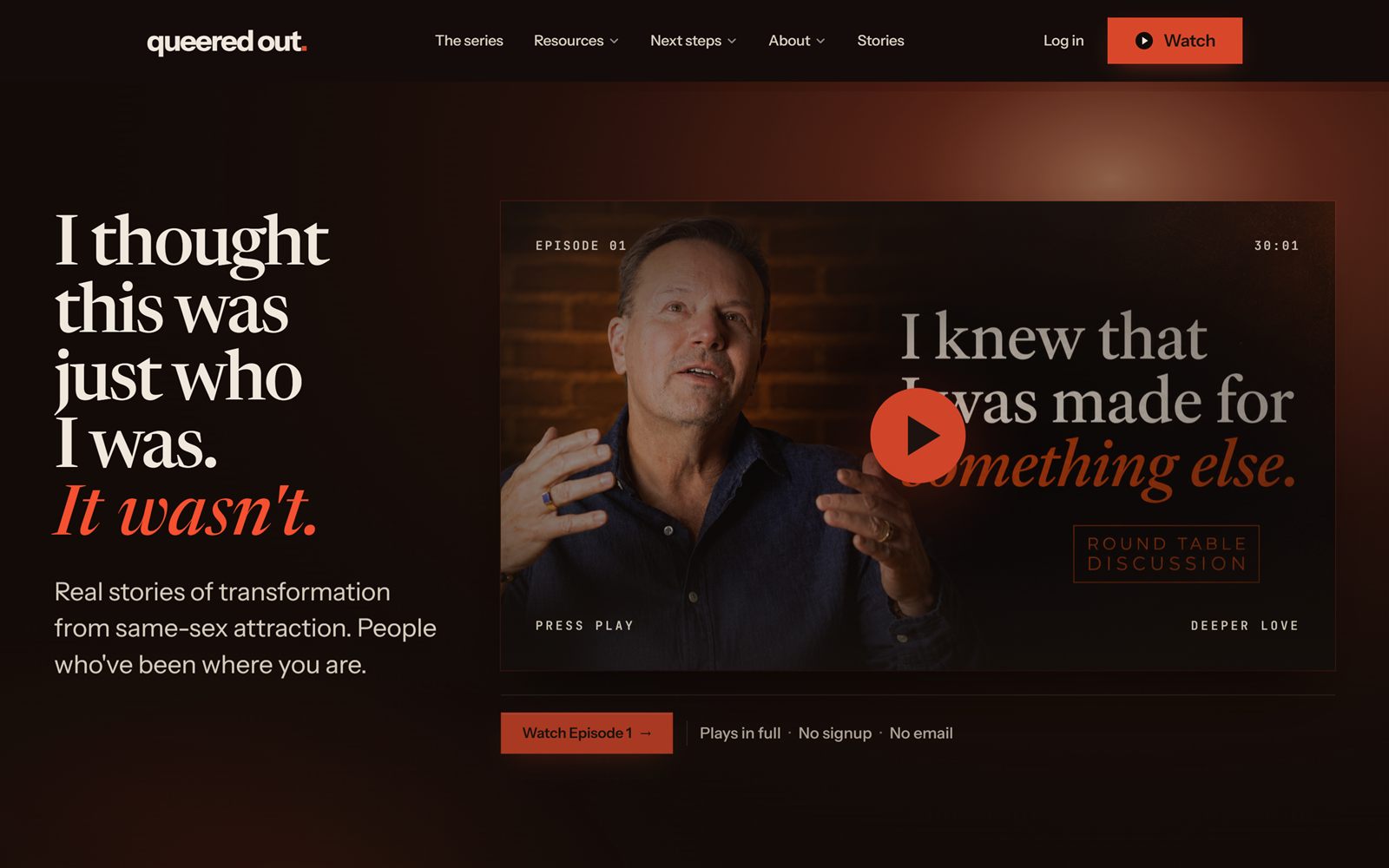 The Queered Out homepage: a dark cinematic hero with a serif headline and an episode player